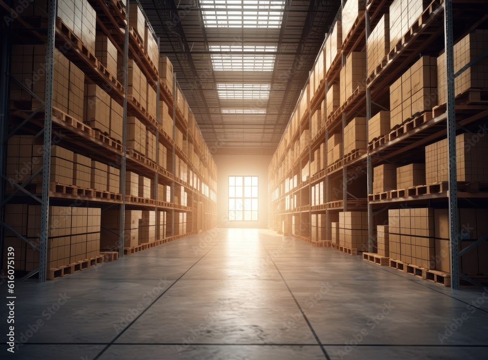 Fototapeta premium Rows of shelves with boxes. Interior of warehouse. created with Generative AI technology