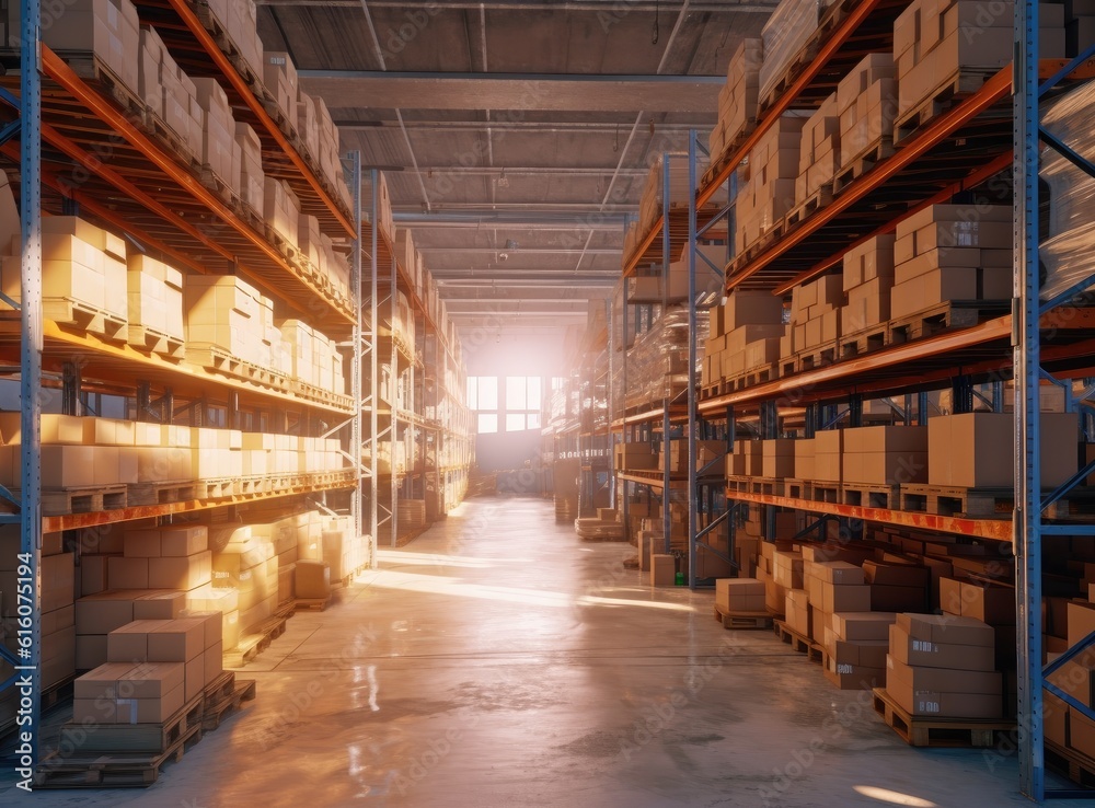 Rows of shelves with boxes. Interior of warehouse. created with Generative AI technology