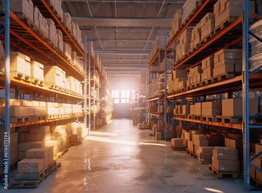 Fototapeta premium Rows of shelves with boxes. Interior of warehouse. created with Generative AI technology