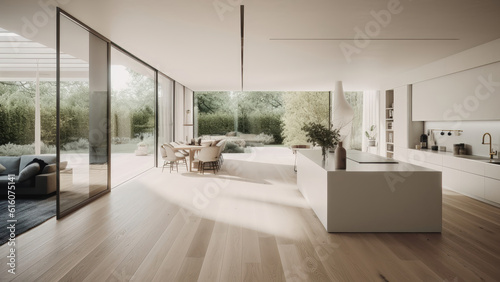 A kitchen flooded with natural light, surrounded by windows, boasting an all-white interior and complemented by a wood floor. Photorealistic illustration, Generative AI © DIMENSIONS