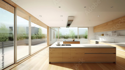 A kitchen filled with natural light from surrounding windows, featuring a bright white ceiling and wall, complemented by wood built-ins. Photorealistic illustration, Generative AI
