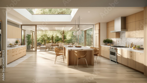 A spacious kitchen with a skylight, featuring a white interior adorned with wood finish built-ins, creating a bright and inviting ambiance. Photorealistic illustration, Generative AI © DIMENSIONS