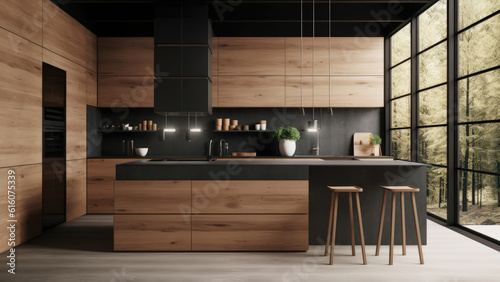 A sunlit kitchen with a contrast of black walls and ceiling, balanced by the warmth of wood-paneled walls and built-ins, creating an inviting ambiance. Photorealistic illustration, Generative AI