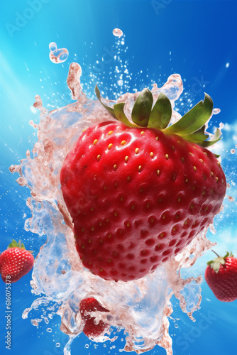 food fruit water red splash fresh background blue strawberry freshness healthy. Generative AI.
