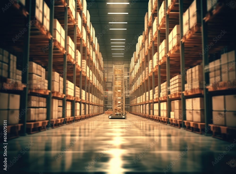 Rows of shelves with boxes. Interior of warehouse. created with Generative AI technology