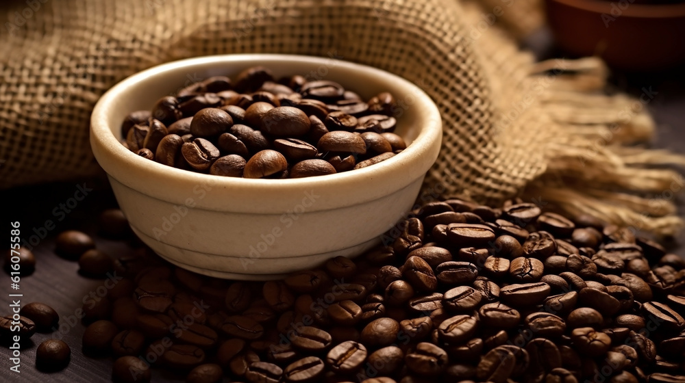 Closeup of cappuccino coffee cup with coffee beans Closeup of cappuccino coffee cup with coffee beans