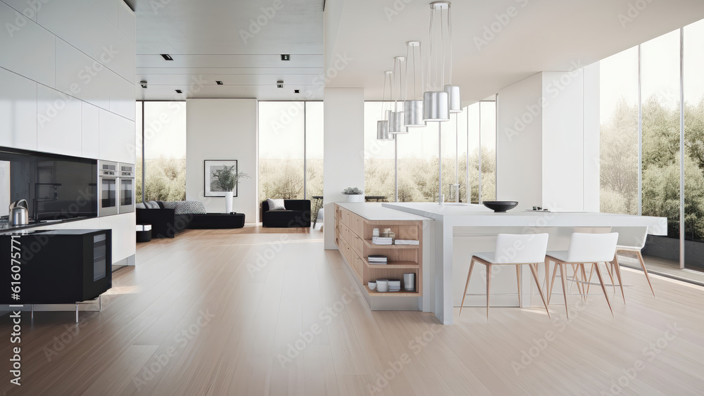 A bright kitchen, situated in an open-plan layout, boasting an all-white minimalistic interior, creating a clean and airy space with a timeless appeal. Photorealistic illustration, Generative AI A bright kitchen, situated in an open-plan layout, boasting an all-white minimalistic interior, creating a clean and airy space with a timeless appeal. Photorealistic illustration, Generative AI