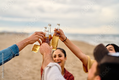 fun beach summer youth friend young friendship beer drink alcohol cheer happiness woman group beverage toast holiday bottle vacation sea © Lumos sp
