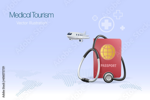 Medical tourism. Stethoscope on passport with flying airplane. Patient flying overseas for medical surgery  treatment and operation as tourist. 3D vector.