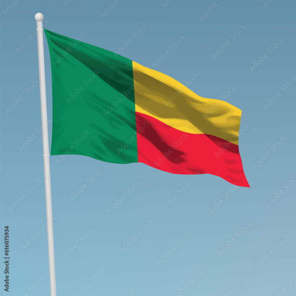Waving flag of Benin on flagpole. Template for independence day Waving flag of Benin on flagpole. Template for independence day