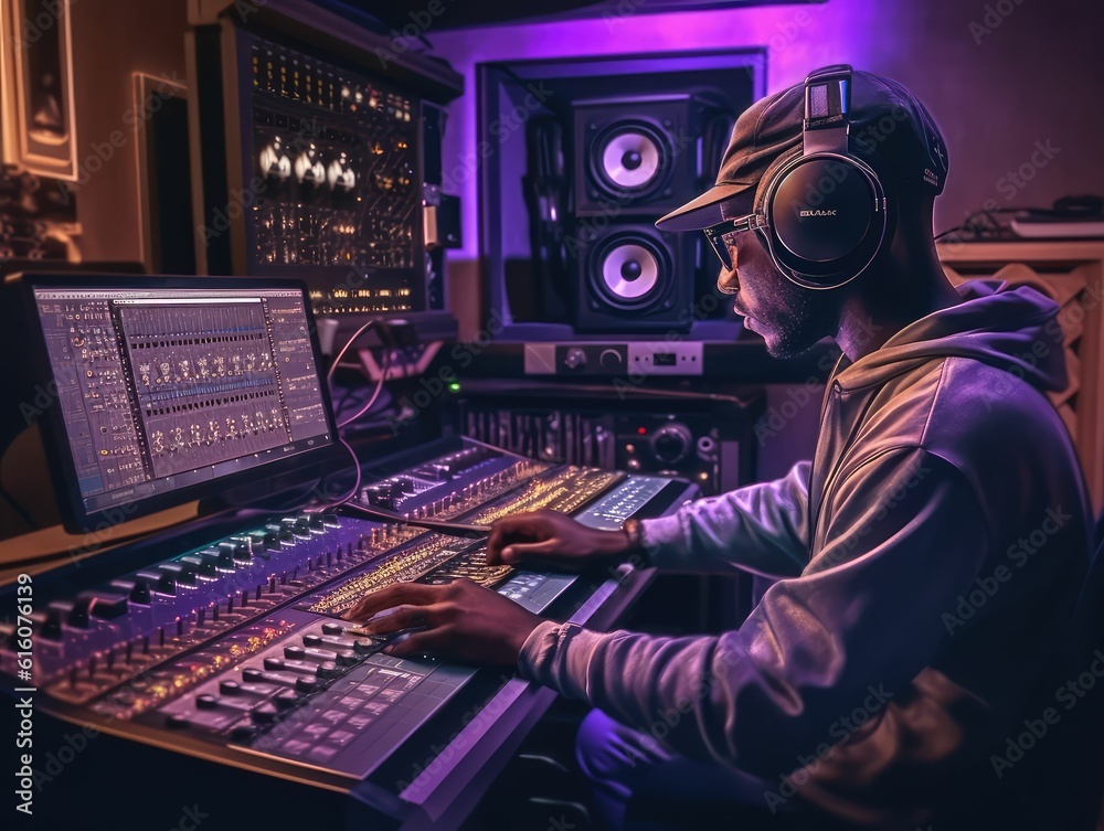 Sound engineer working in recording studio at sound mixing console before display of sound channels in the mix Sound engineer working in recording studio at sound mixing console before display of sound channels in the mix