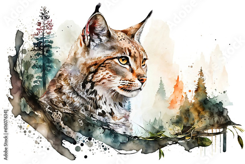 The red lynx or bobcat and the forest, watercolor illustration generative AI photo