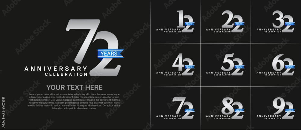 set of anniversary logo with silver number and blue ribbon can be use for celebration set of anniversary logo with silver number and blue ribbon can be use for celebration