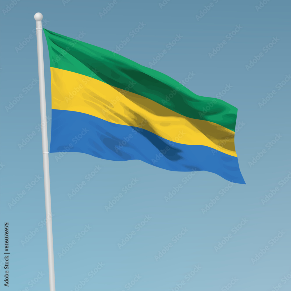 Waving flag of Gabon on flagpole. Template for independence day Waving flag of Gabon on flagpole. Template for independence day