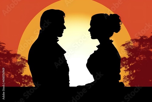 Silhouette profile portrait of victorian woman and man facing each other. Young couple eye to eye in historical clothing illustration generative ai