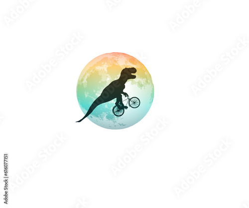 Dinosaur T-Rex riding a bicycle in front of moon