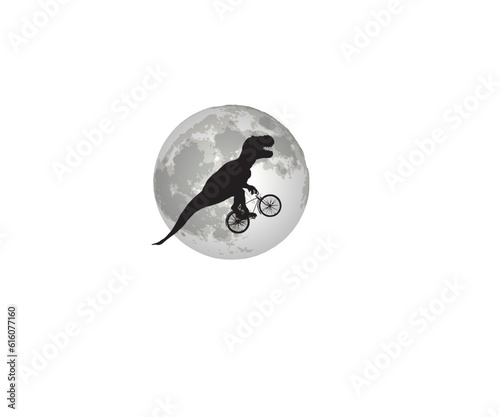 Dinosaur T-Rex riding a bicycle in front of moon