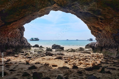 Stone cave  with beach sea island in Thailand  blue sky   summer  ocean  landscape  beautiful  sunrise  seascape  wallpaper  relax 