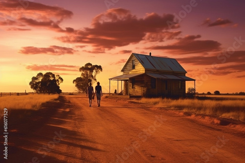 Siiblings strolling on red road at sunset, immersed in photorealistic Australian landscape. 
 Generative Ai photo