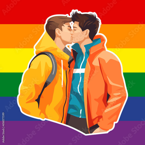 A Sticker of a Gay Couple with the LGBT  flag in the background