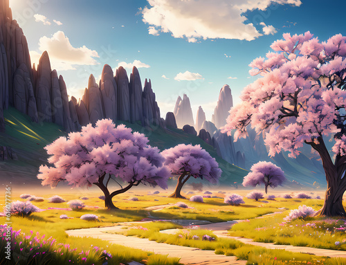 Land of high peaks and pink trees made with Generative AI
