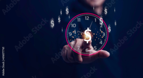 businessman holding a sign clock and dollar icon. Time is money Concept. Business time management. Work planning increases efficiency and reduces work time.