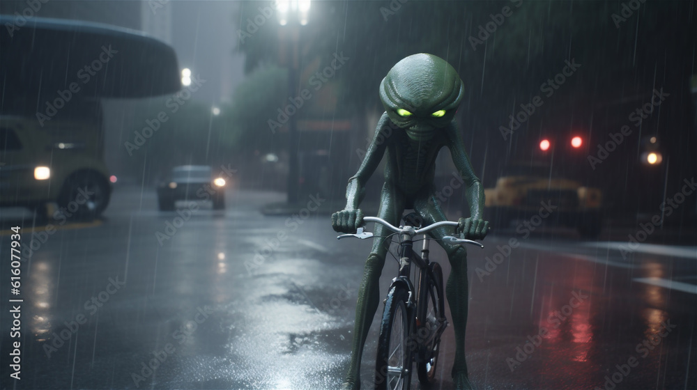 Weird alien creature riding a bicycle in a deserted city where it rains late at night