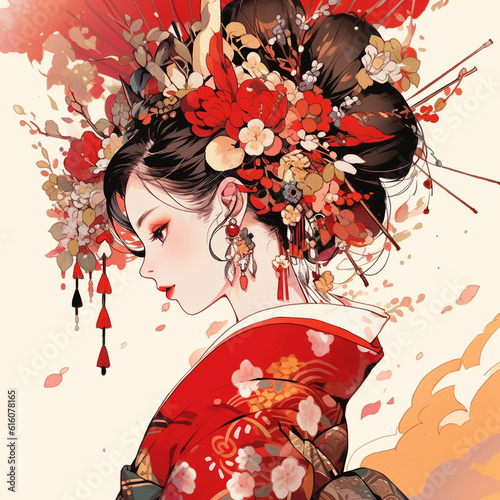 Generative ai. Geisha in kimono with umbrella spring flowers