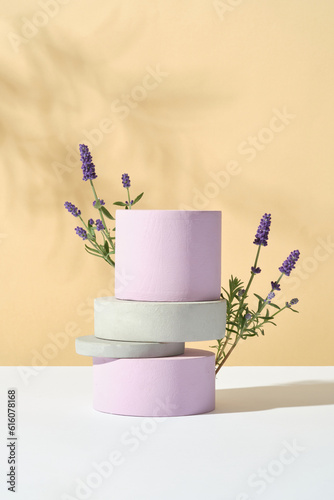 A stack of cylinder and round podium in different color with some lavender flowers behind. Lavender (Lavandula) could be a gentle way to treat acne