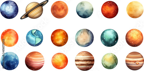 planets set in the style of photo-realistic compositions, rtx on, realistic watercolor paintings, lightbox, saturno butto, transcendent