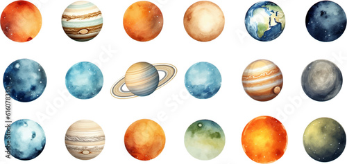 Fototapeta Naklejka Na Ścianę i Meble -  planets set in the style of photo-realistic compositions, rtx on, realistic watercolor paintings, lightbox, saturno butto, transcendent