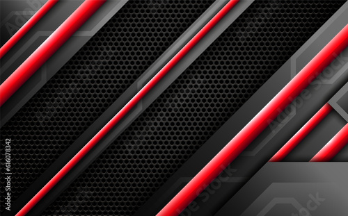 Dark gaming banner backdrop, metal black and red line abstract technology background