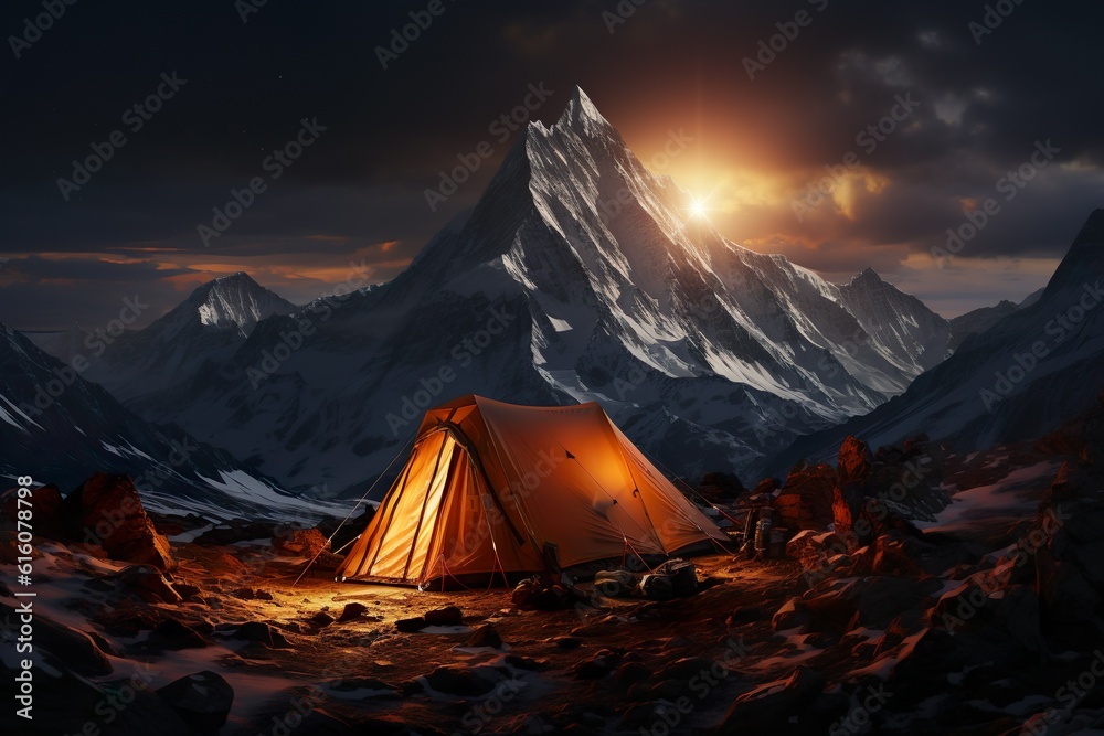 Tent in the wild surrounded by mountains, forests and night sky. Generative AI.