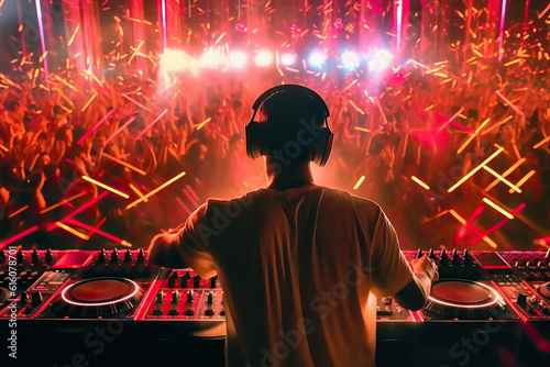 Photo of a DJ performing live and mixing music for a lively crowd
