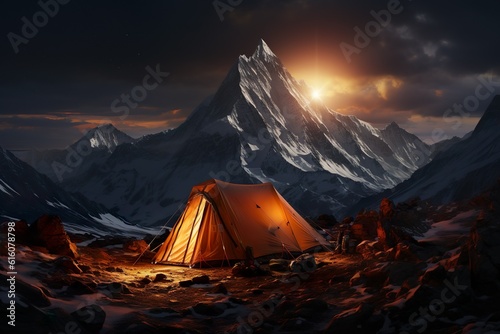 Tent in the wild surrounded by mountains, forests and night sky. Generative AI.