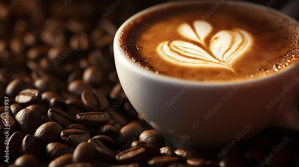 Closeup of cappuccino coffee cup with coffee beans Closeup of cappuccino coffee cup with coffee beans