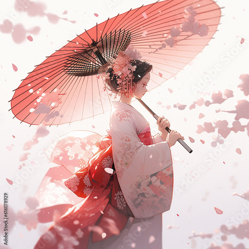 Generative ai. Geisha in kimono with umbrella spring flowers