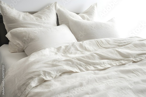 Large white bed with white linens  white bed made up  a bed with pillows