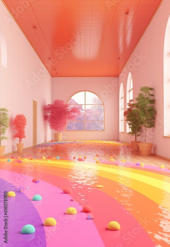 Surreal indoor scene with a pastel rainbow floor and walls trees are growing out of the vibrant pink wall, while plants dot the chromatic floor