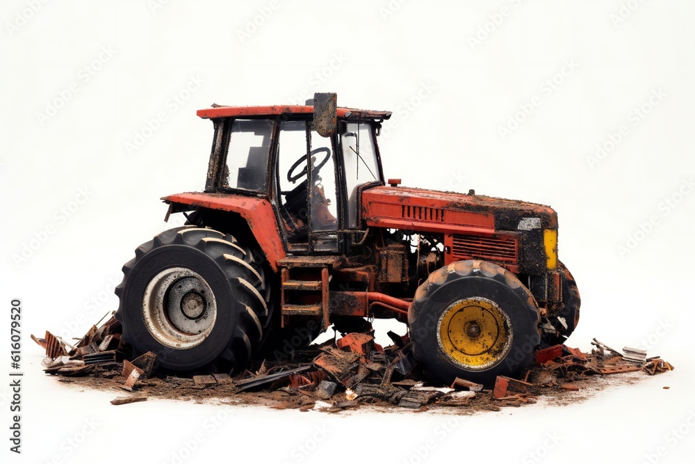 Disabled old tractor on white background Generative AI Disabled old tractor on white background Generative AI
