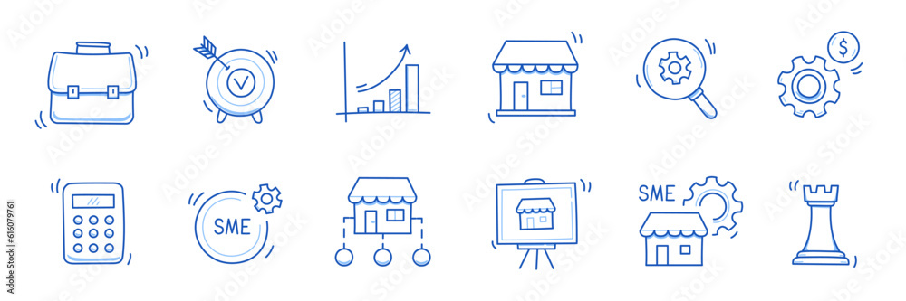 Business sme doodle icon set. Small, medium enterprise business hand drawn doodle sketch style icon. Local partnership, economic strategy, franchise concept. Vector illustration.