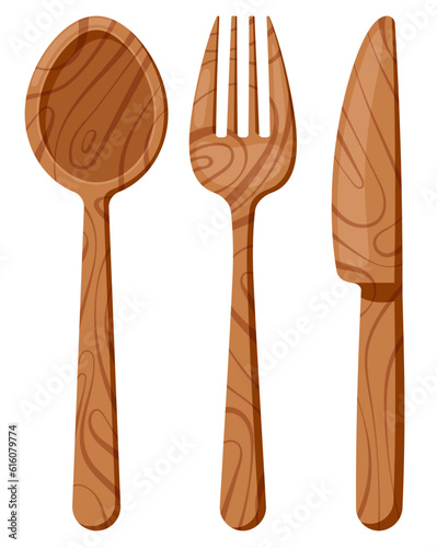 Wooden cutlery - fork spoon and knife flat design icon set isolated on white background. Top view different color wood tableware - spoon, fork, knife. Vector cartoon style kitchenware illustration.