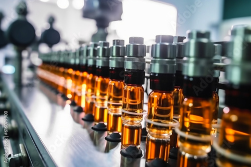 Production line at pharmaceutical factory. Row of amber glass bottles with lids. Biotechnology medicine innovation manufacturing concept. AI generated