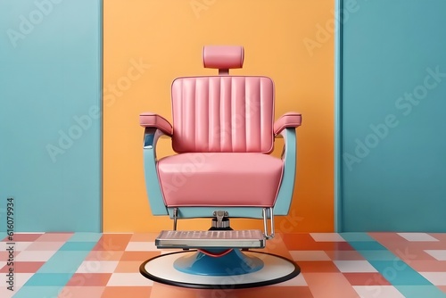Modern armchair pop art hairdresser in a pastel barbershop interior. Generated AI.