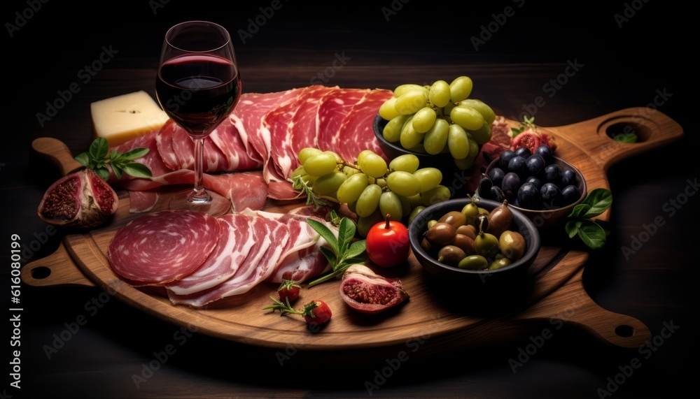 Antipasto Perfection Top View of Charcuterie Board with Prosciutto, Salami, Olives, and Rose Wine Ideal for Menus and Cookbooks. Generative AI
