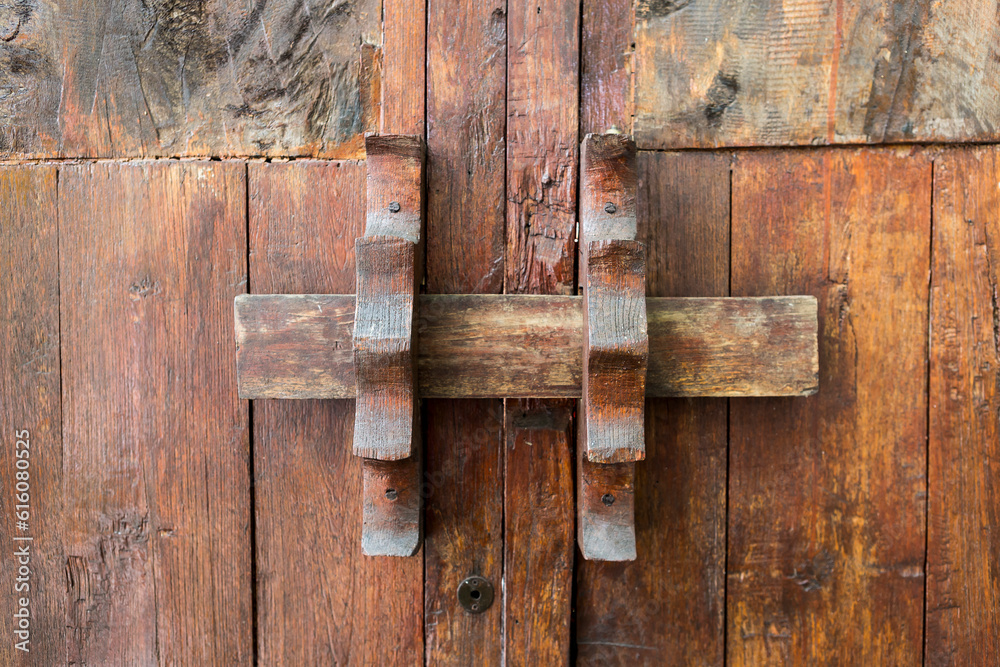 Thai design wooden door lock, old teak wood door with thai design lock Thai design wooden door lock, old teak wood door with thai design lock