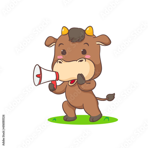 Cute  ox holding megaphone cartoon character. Adorable animal concept design. Isolated white background. Vector illustration