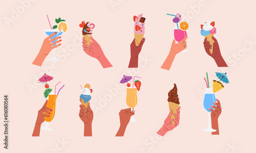 Different hands holding cocktails and ice creams. Summer concept. Vector cartoon flat style illustration