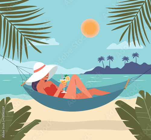 Girl in hat is lying with cocktail in a hammock.Young woman is sunbathing. Beach scene. Vector flat illustration