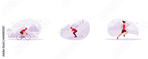 A cyclist rides a bicycle fast. Young ski athlete practising skis for competition. Female runner running over the desert. Trend Modern vector flat illustration.